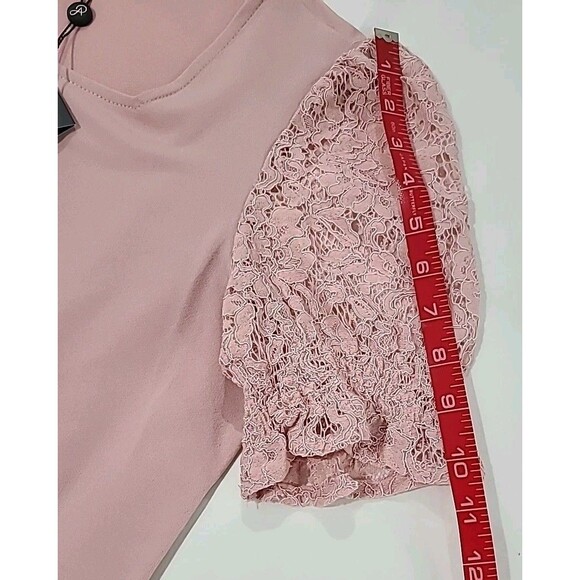 NWT $69 Adrianna Papell Blush Pink Square Neck Slinky Puff Lace Short Sleeve Top - Picture 8 of 9